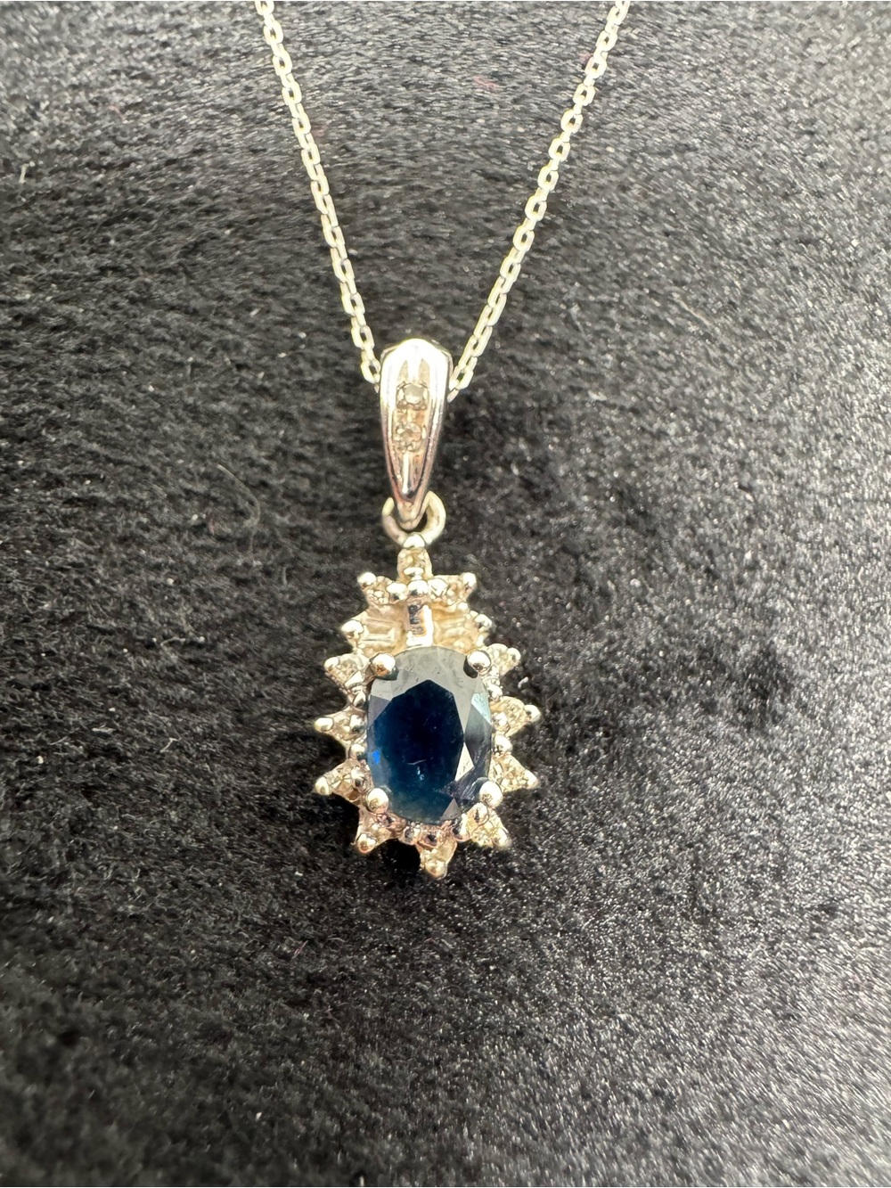Vintage 14K 585 White Gold Natural Sapphire Diamond Pendant Necklace Chain 16"